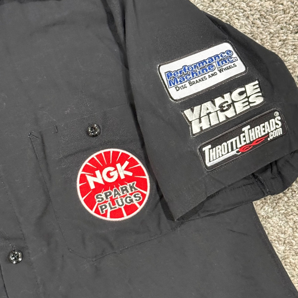 Y2K Throttle Threads Racing Mechanic Shirt Drag Specialties Patches Mens Large - Picture 5 of 7